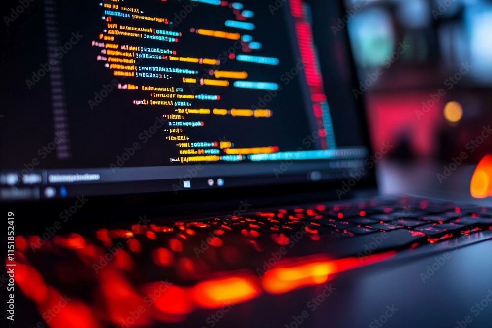 Code on a laptop with a dark background and vibrant syntax. Generative AI Code on a laptop with a dark background and vibrant syntax. Generative AI
