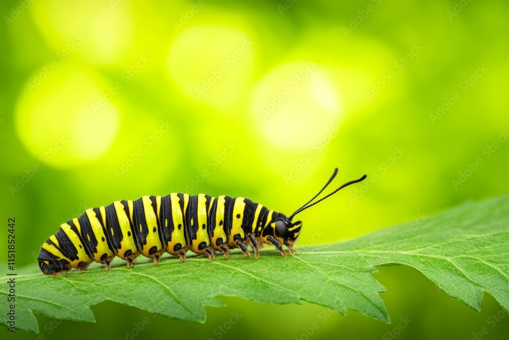 Fototapeta premium A caterpillar on a leaf, preparing to transform into a butterfly, set against a lush, green background
