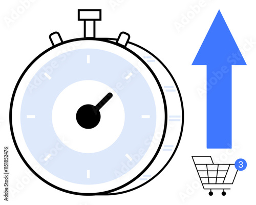 Stopwatch, shopping cart with three items, upward arrow symbolizing growth. Ideal for e-commerce, time management, productivity, shopping trends, online business efficiency and sales. Line metaphor
