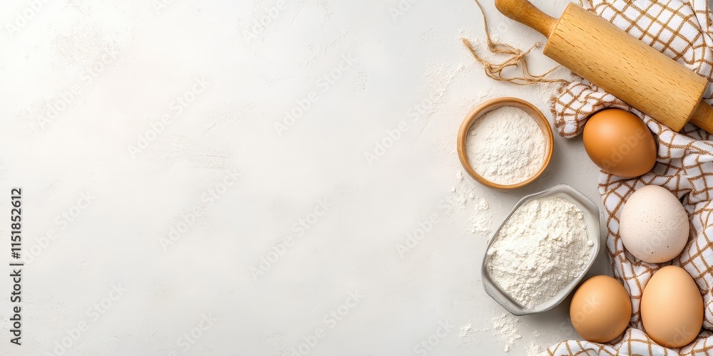 Light and Bright Baking Scene with Flour, Eggs, and Rolling Pin on White Stone Table Featuring Cozy Textiles and Ingredients for Delicious Pastry Creation Light and Bright Baking Scene with Flour, Eggs, and Rolling Pin on White Stone Table Featuring Cozy Textiles and Ingredients for Delicious Pastry Creation