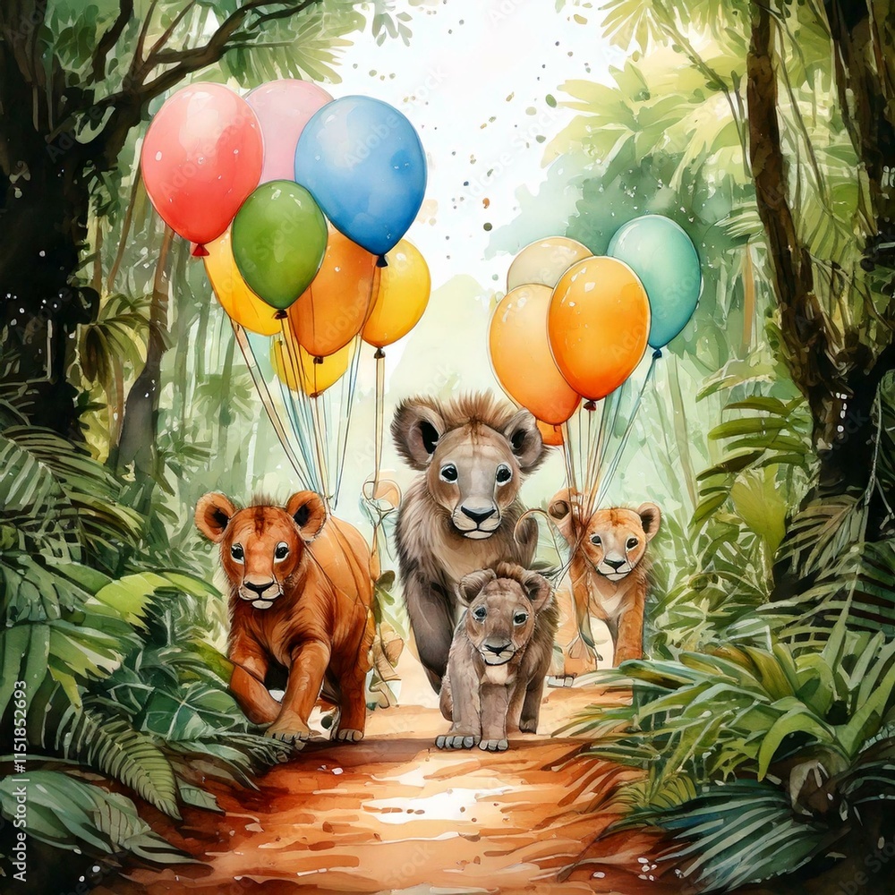 Fototapeta premium A watercolor parade of animals carrying balloons through a jungle trail