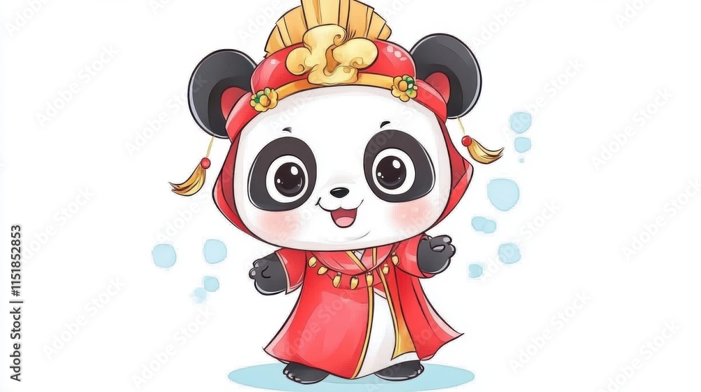 Naklejka premium Cute cartoon panda dressed in traditional attire, showcasing a joyful expression with vibrant colors and playful elements.