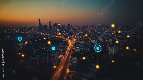 Wallpaper Mural Smart digital city with connection cyber security network reciprocity over the cityscape . future smart wireless digital city and social media networking systems that connects people within the city Torontodigital.ca