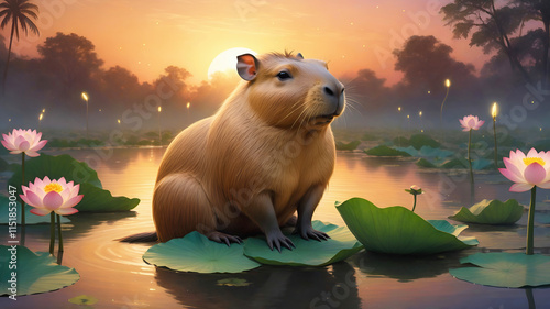 A serene capybara meditating on a lotus flower in the middle of a tranquil pond, surrounded by glowing fireflies and softly illuminated by the golden hues of a sunset photo