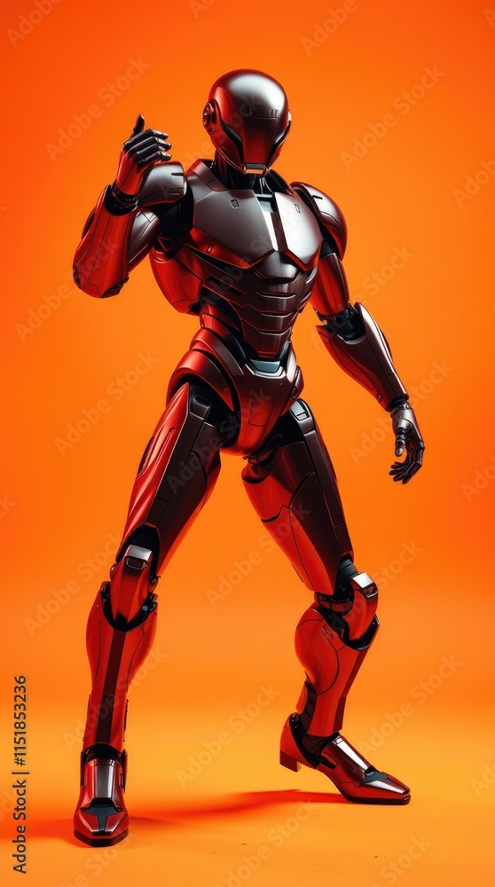 A sleek robot showcases its dancing abilities with smooth and energetic movements, set against a striking orange background that enhances its metallic finish A sleek robot showcases its dancing abilities with smooth and energetic movements, set against a striking orange background that enhances its metallic finish