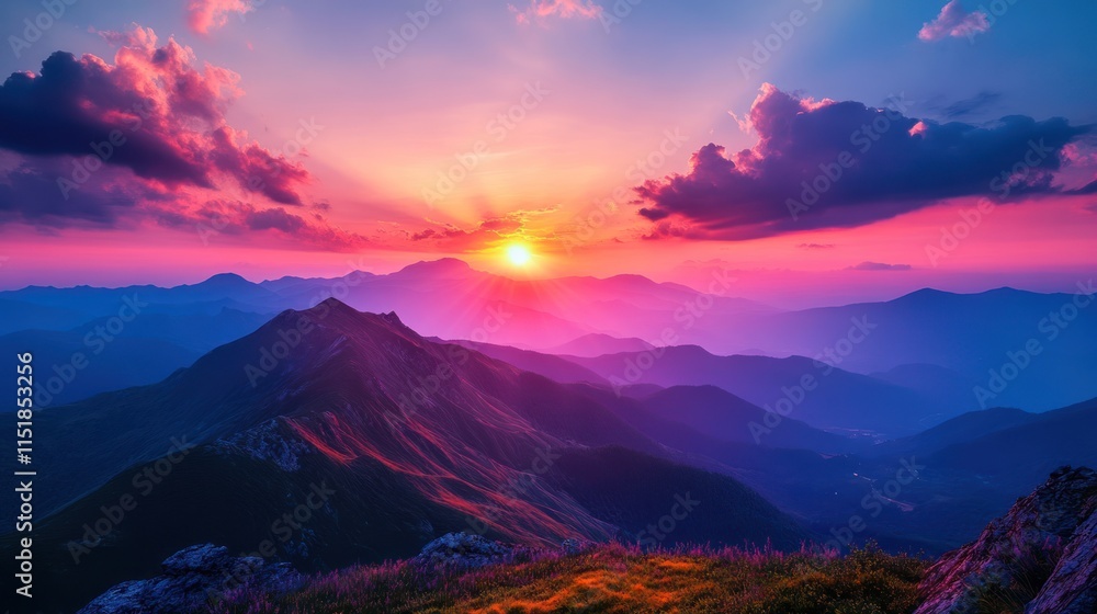 Vibrant sunset over majestic mountain range. Vibrant sunset over majestic mountain range.
