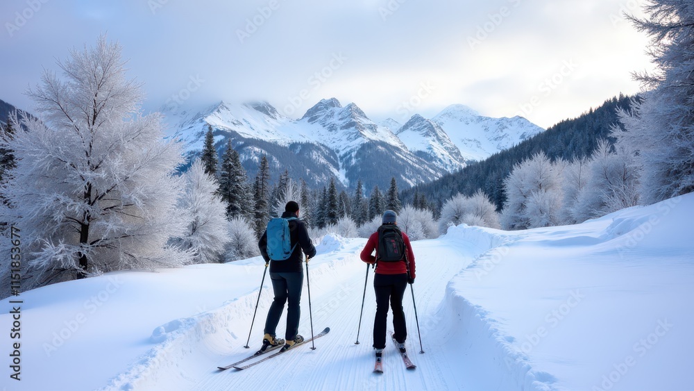 A couple skiing down a scenic winter trail, with snowy peaks in the distance and frosty trees lining the way A couple skiing down a scenic winter trail, with snowy peaks in the distance and frosty trees lining the way