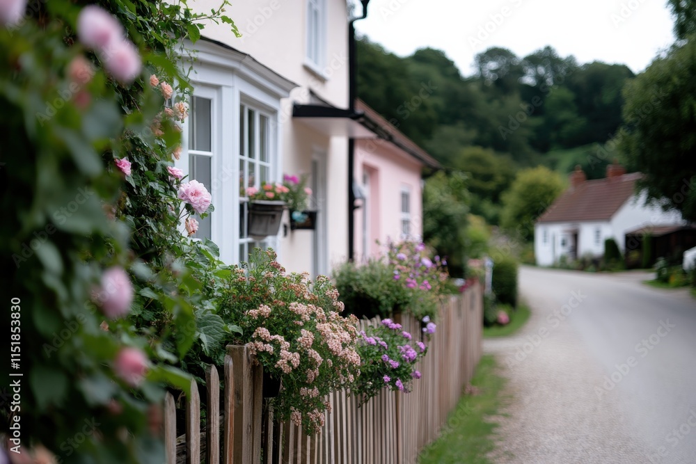 A quaint home featuring a beautifully flower-filled fence, encapsulating warmth and inviting charm, set against a backdrop of serene rural surroundings. A quaint home featuring a beautifully flower-filled fence, encapsulating warmth and inviting charm, set against a backdrop of serene rural surroundings.