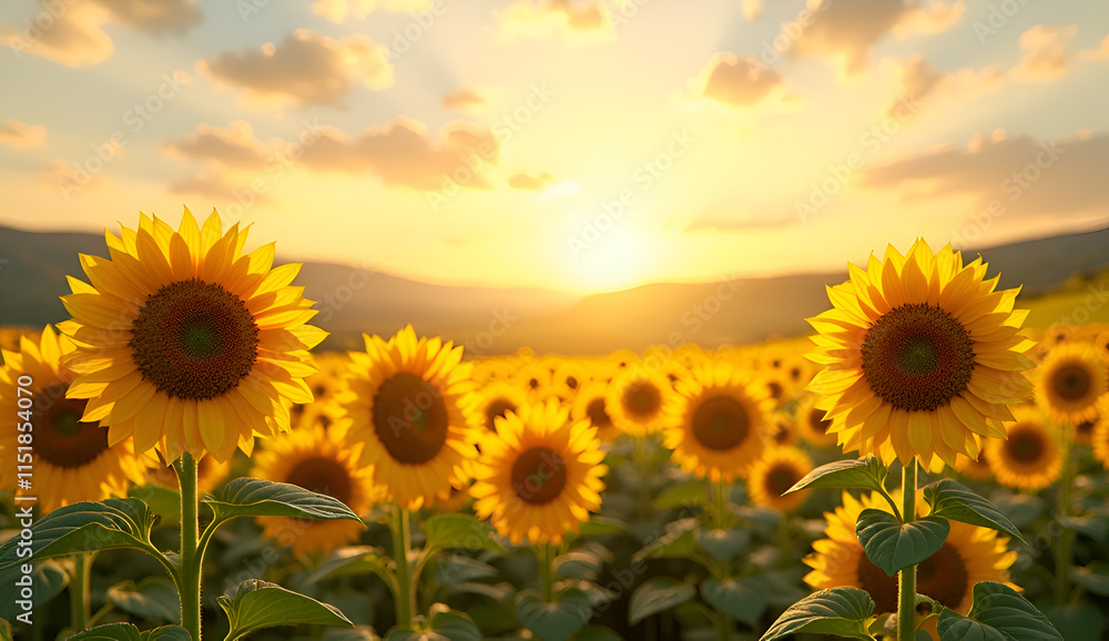 Fototapeta premium A field of sunflowers with the sun setting in the background. 