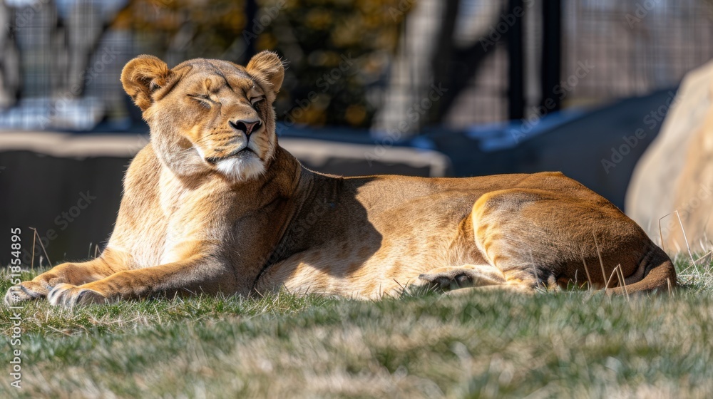 Fototapeta premium Lioness resting peacefully with eyes closed on grass under sunlight.