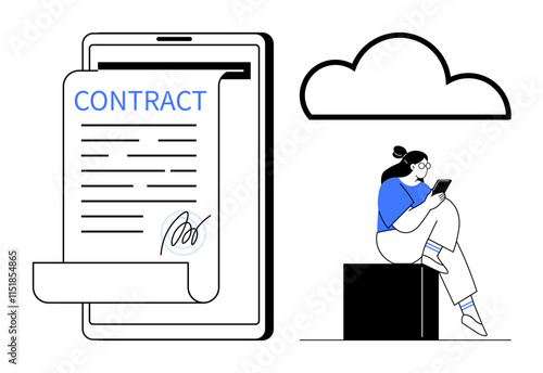 Tablet displaying a signed contract, cloud icon above, person reading from a tablet. Ideal for technology, digital agreements, remote work, paperless solutions, business, legal processes modern