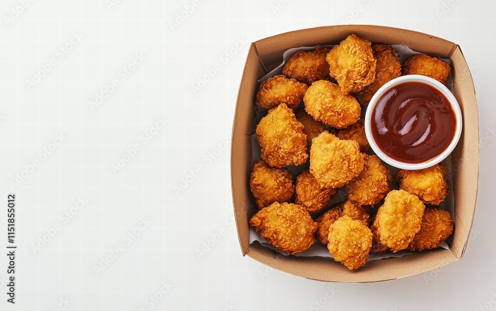A box of chicken nuggets with visible golden crust and dipping sauce, on a bright white background A box of chicken nuggets with visible golden crust and dipping sauce, on a bright white background