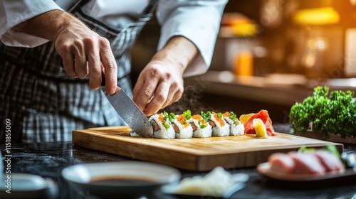 Chef expertly prepares delicious sushi rolls