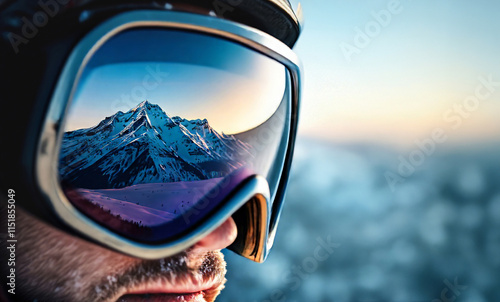 Close up of the ski goggles of a man with the reflection of snowed mountains. A mountain range reflected in the ski mask...