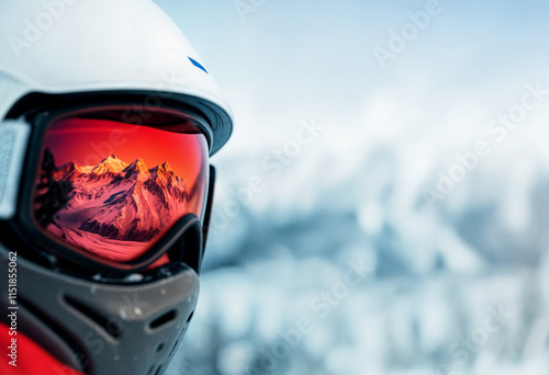 A person wearing a ski helmet and goggles is looking out at a snowy mountain range. Concept of adventure and excitement, as the person is ready to hit the slopes