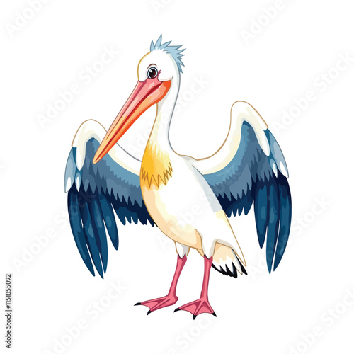 Vector illustration of a cartoon animation of pelican, painted in watercolor, isolated on a white background, pelican animation
