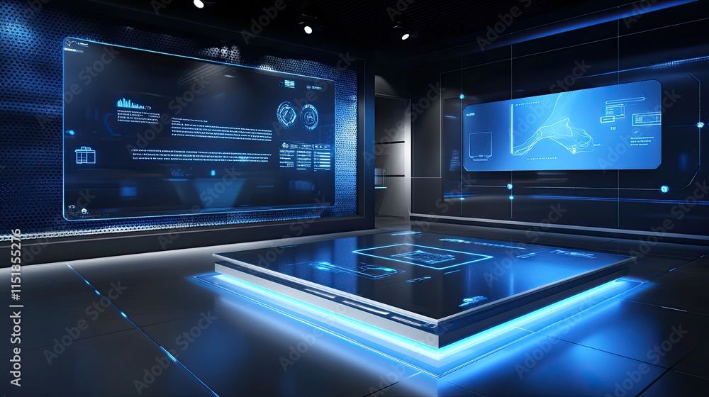 Futuristic Control Room With Interactive Displays And Blue Lighting Futuristic Control Room With Interactive Displays And Blue Lighting