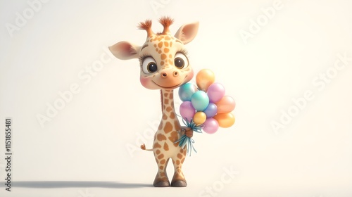 Cute Adorable Little Giraffe Holding Colorful Balloons in Watercolor Style
