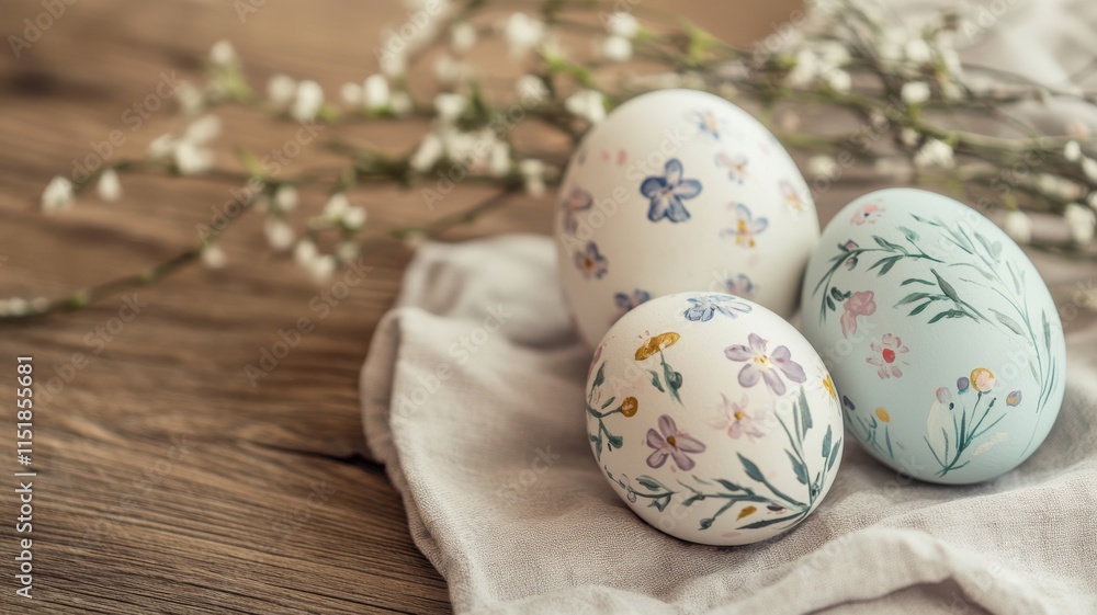 Delicate floral Easter eggs with rustic wooden backdrop, cozy charm. Easter Delicate floral Easter eggs with rustic wooden backdrop, cozy charm. Easter