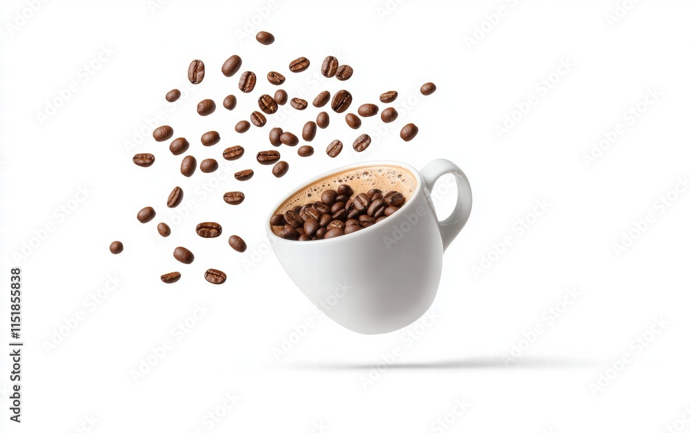 Obraz premium A steaming espresso cup floating mid-air with coffee beans scattered around, isolated on white