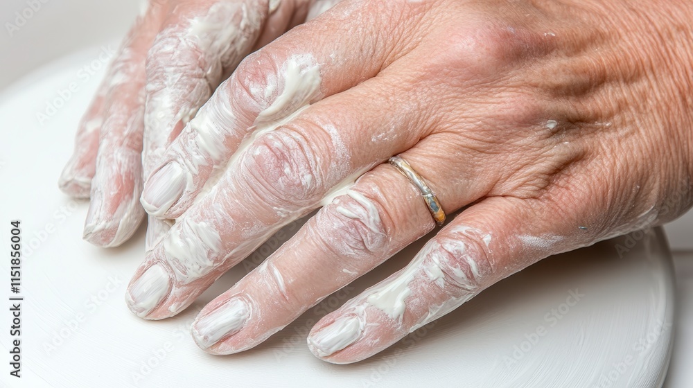 Fototapeta premium A close-up of hands with clay, showcasing creativity and craftsmanship in pottery or sculpting.