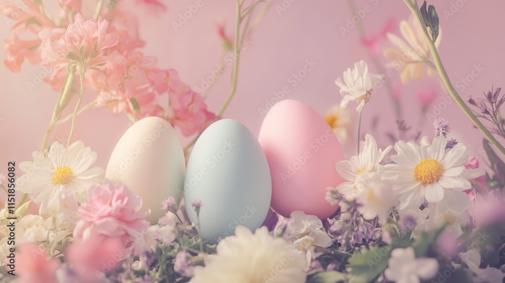 Easter eggs in spring flowers, soft light and vibrant colors. Easter Easter eggs in spring flowers, soft light and vibrant colors. Easter