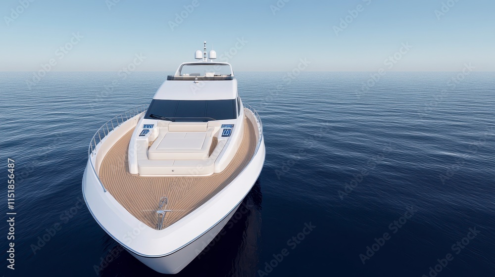 Fototapeta premium A sleek luxury yacht glides over calm ocean waters, showcasing its modern design and spacious deck against a serene sky.