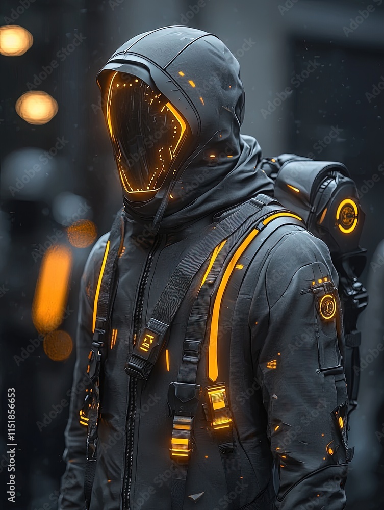 A futuristic figure in a hooded, high-tech suit with glowing orange accents. Ideal for sci-fi, cyberpunk, or dystopian settings. A futuristic figure in a hooded, high-tech suit with glowing orange accents. Ideal for sci-fi, cyberpunk, or dystopian settings.