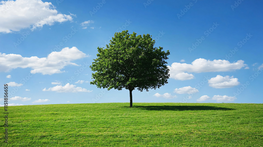green tree in the park. Morning nature, Expansive green field with a clear blue sky and fluffy clouds, Generative ai. green tree in the park. Morning nature, Expansive green field with a clear blue sky and fluffy clouds, Generative ai.