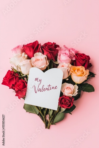 flat lay pink and red roses arranged in a shape of a heart, paper card on top of roses with text "my Valentine" in beautiful cursive, pink solid color background