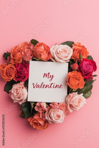 flat lay pink and red roses arranged in a shape of a heart, paper card on top of roses with text "my Valentine" in beautiful cursive, pink solid color background