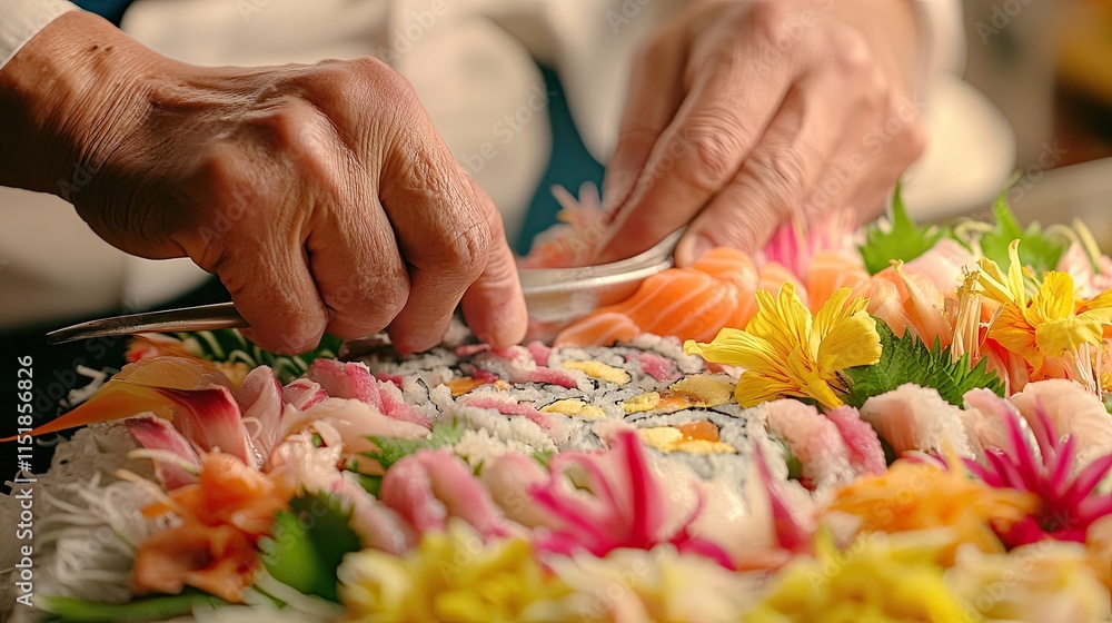 Hands Carefully Arranging Colorful Sushi Platter Hands Carefully Arranging Colorful Sushi Platter