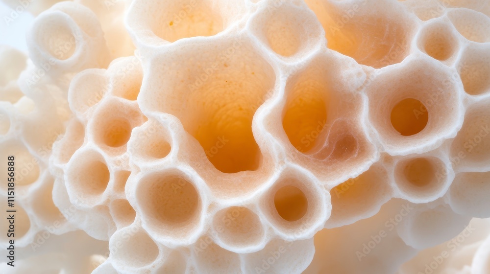 A close-up view of a textured, organic structure showcasing hollow formations with a soft, warm color palette. A close-up view of a textured, organic structure showcasing hollow formations with a soft, warm color palette.