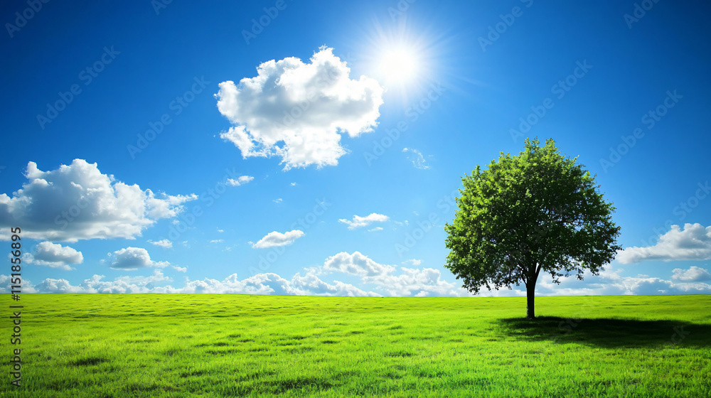 green tree in the park. Morning nature, Expansive green field with a clear blue sky and fluffy clouds, Generative ai. green tree in the park. Morning nature, Expansive green field with a clear blue sky and fluffy clouds, Generative ai.