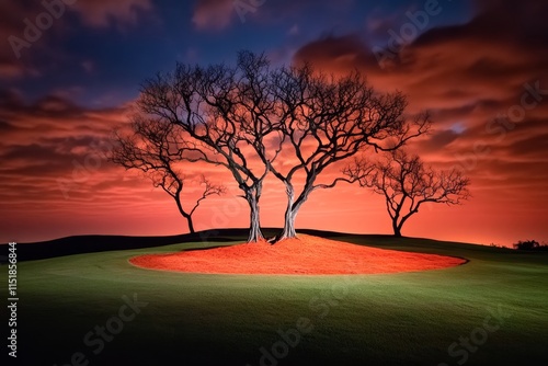 A dramatic scene of a cursed golf course at night, with glowing red hazards, skeletal trees, and a stormy sky overhead photo