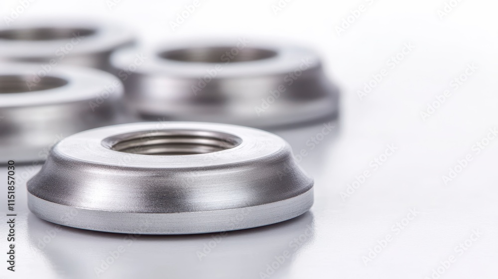 A close-up of metallic washers showcasing their smooth surface and threaded center, ideal for fastening applications. A close-up of metallic washers showcasing their smooth surface and threaded center, ideal for fastening applications.