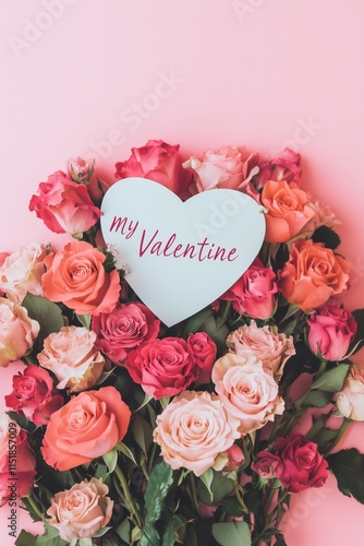 flat lay pink and red roses arranged in a shape of a heart, paper card on top of roses with text "my Valentine" in beautiful cursive, pink solid color background