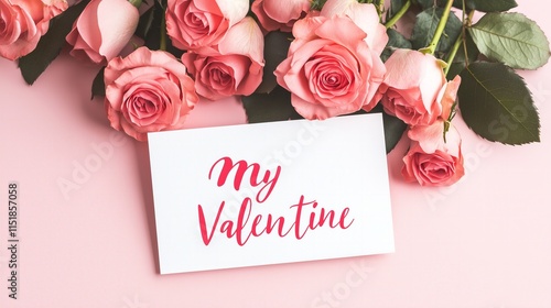 flat lay pink and red roses arranged in a shape of a heart, paper card on top of roses with text "my Valentine" in beautiful cursive, pink solid color background