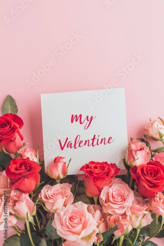 flat lay pink and red roses arranged in a shape of a heart, paper card on top of roses with text "my Valentine" in beautiful cursive, pink solid color background