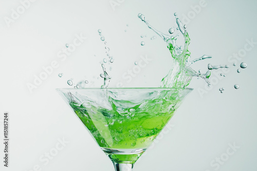 Spritzige grüne Flüssigkeit wird in ein elegantes Cocktailglas gegossen

 photo