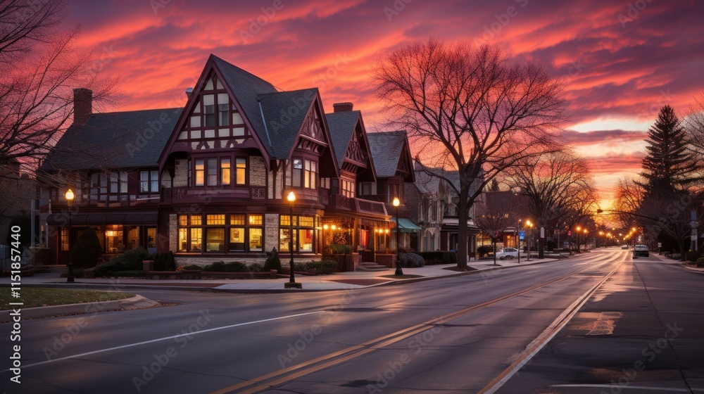 Sunset on a Residential Street with Majestic Tudor Style Houses Sunset on a Residential Street with Majestic Tudor Style Houses