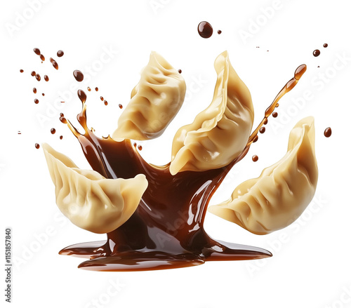 Dumplings with soy sauce splash isolated on white and transparent background photo