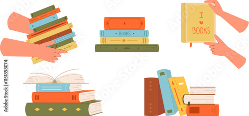 Cute vector stack of books for reading. World Book Day. Education concept. Design template with a pile of open books. Simple funny clipart isolated on white. 