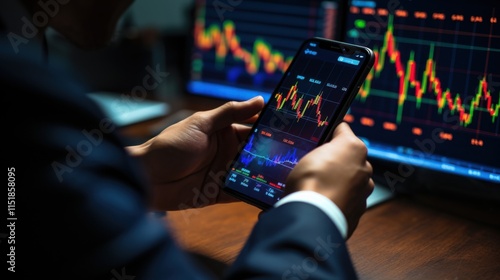 A young trader intensely focused on their smartphone, checking social media-driven meme stock trends, with a colorful stock graph displayed on a nearby tablet photo