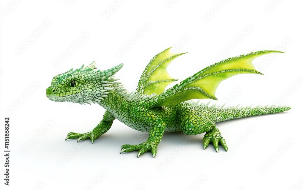 Fototapeta premium A 3D render of a full-body flying green dragon, isolated on a white background. 