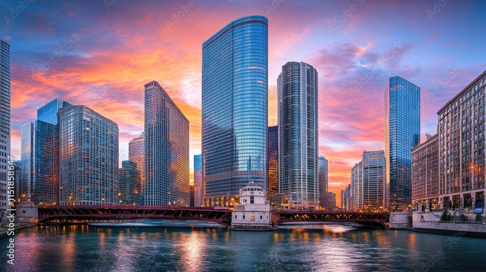 Obraz premium Chicago Cityscape at Sunset Over River and Bridges