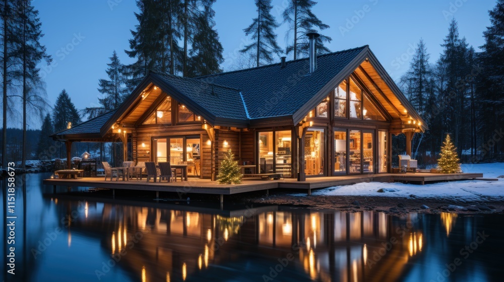 Fototapeta premium Luxury Lakeside Log Cabin at Dusk: Winter Wonderland Getaway
