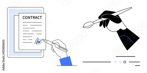 Hand signing a contract with a pen, adjacent to a hand holding a paintbrush. Ideal for legal services, business agreements, creative work, art, illustration, digital contracts, and design