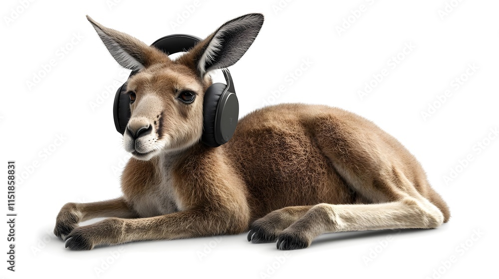 Fototapeta premium Adorable Watercolor Style Kangaroo with Headphones on White Background