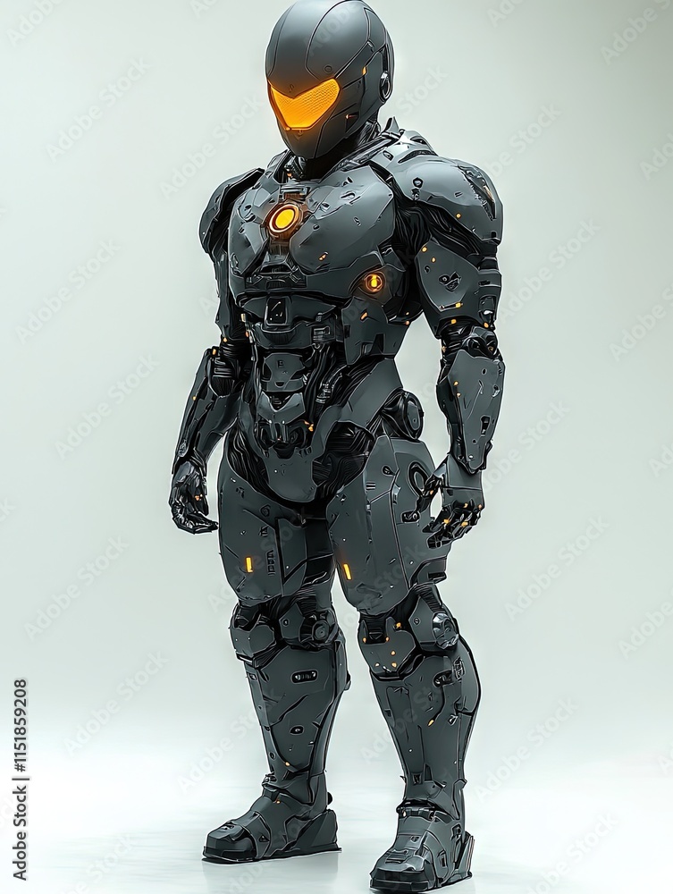 A dark gray futuristic robot with orange lights. Suitable for sci-fi games or movies as a powerful soldier or guardian. A dark gray futuristic robot with orange lights. Suitable for sci-fi games or movies as a powerful soldier or guardian.